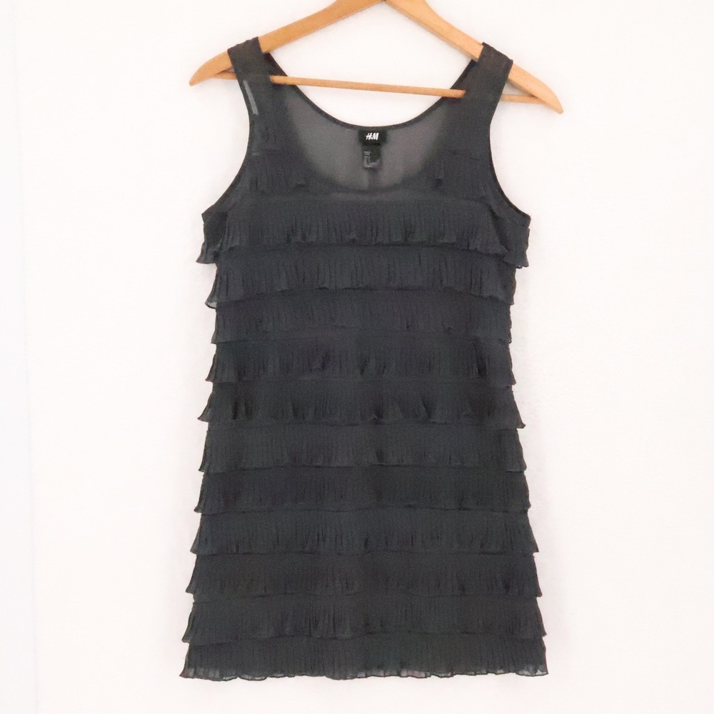 H&M Tiered Ruffle Mini‎ Dress Womens Size S Black Sleeveless Chiffon Party Club